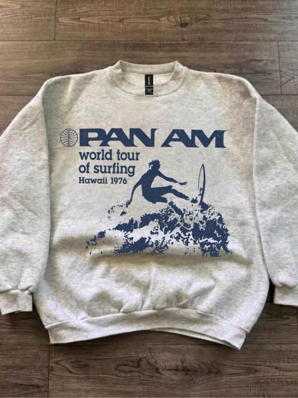 Gildan Gray Crewneck Sweatshirt with Navy Surf Graphic